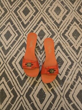 Flogg Women's Orange Patent Leather Slide Mules with Buckle Accent, Sz. 8